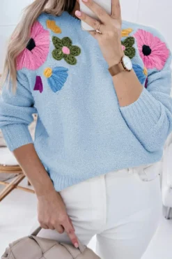 Outlet Dear-Lover Knitted Flower Pattern Ribbed Edge Sweater Light Blue