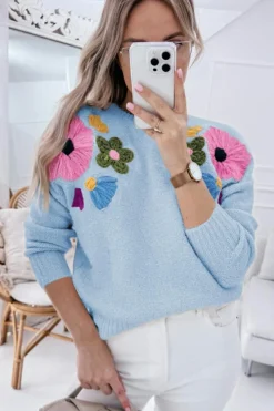 Outlet Dear-Lover Knitted Flower Pattern Ribbed Edge Sweater Light Blue
