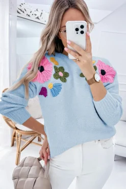 Outlet Dear-Lover Knitted Flower Pattern Ribbed Edge Sweater Light Blue