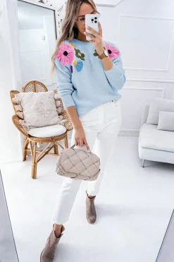 Outlet Dear-Lover Knitted Flower Pattern Ribbed Edge Sweater Light Blue