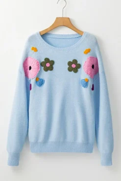 Outlet Dear-Lover Knitted Flower Pattern Ribbed Edge Sweater Light Blue