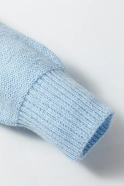 Outlet Dear-Lover Knitted Flower Pattern Ribbed Edge Sweater Light Blue