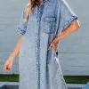 Outlet Dear-Lover Loose Medium Wash Short Sleeve Shirt Chambray Dress Light Blue