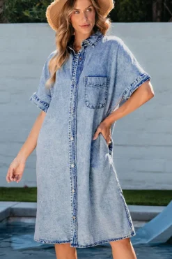 Outlet Dear-Lover Loose Medium Wash Short Sleeve Shirt Chambray Dress Light Blue