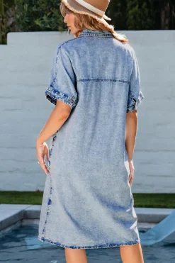 Outlet Dear-Lover Loose Medium Wash Short Sleeve Shirt Chambray Dress Light Blue