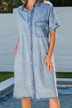Outlet Dear-Lover Loose Medium Wash Short Sleeve Shirt Chambray Dress Light Blue