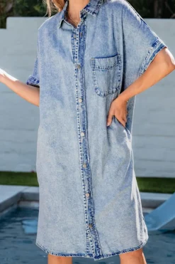Outlet Dear-Lover Loose Medium Wash Short Sleeve Shirt Chambray Dress Light Blue