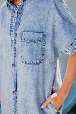 Outlet Dear-Lover Loose Medium Wash Short Sleeve Shirt Chambray Dress Light Blue