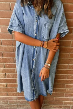 Outlet Dear-Lover Loose Medium Wash Short Sleeve Shirt Chambray Dress Light Blue