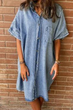 Outlet Dear-Lover Loose Medium Wash Short Sleeve Shirt Chambray Dress Light Blue