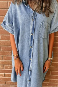 Outlet Dear-Lover Loose Medium Wash Short Sleeve Shirt Chambray Dress Light Blue
