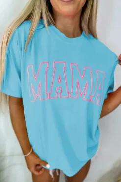 Fashion Dear-Lover MAMA Letter Graphic Neon T Shirt Light Blue