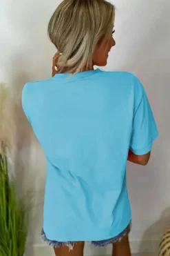 Fashion Dear-Lover MAMA Letter Graphic Neon T Shirt Light Blue