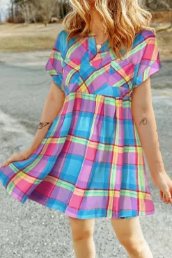 Fashion Dear-Lover Multicolor Plaid Short Sleeve Babydoll Mini Dress Light Blue