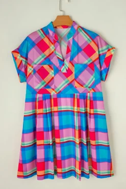 Fashion Dear-Lover Multicolor Plaid Short Sleeve Babydoll Mini Dress Light Blue