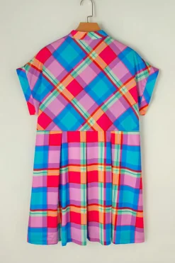 Fashion Dear-Lover Multicolor Plaid Short Sleeve Babydoll Mini Dress Light Blue