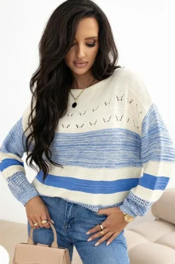 Sale Dear-Lover Open Stitch Puff Sleeve Sweater Light Blue