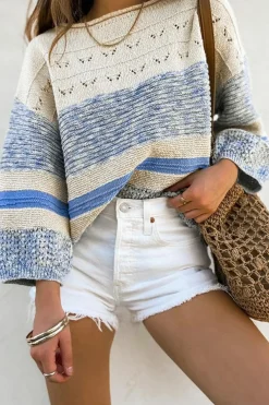 Sale Dear-Lover Open Stitch Puff Sleeve Sweater Light Blue