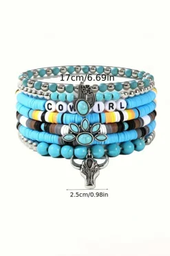 New Dear-Lover 7pcs Boho Turquoise Beaded Bracelet Set Light Blue