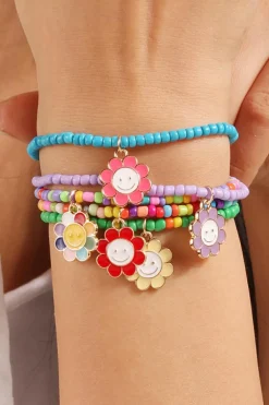 Sale Dear-Lover 5pcs Smiley Flower Pendant Beaded Bracelet Set Light Blue
