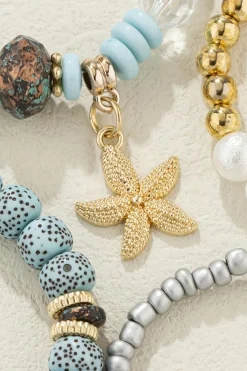 Sale Dear-Lover 4pcs Starfish Pendant Beaded Bracelet Set Light Blue