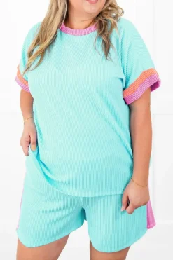 Online Dear-Lover Plus Size Color Block Corded Knit Tee and Shorts Set Light Blue