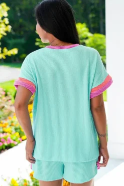 Online Dear-Lover Plus Size Color Block Corded Knit Tee and Shorts Set Light Blue