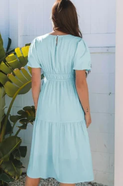 Clearance Dear-Lover Puff Sleeve Pleated High Waist Flowy Midi Dress Light Blue