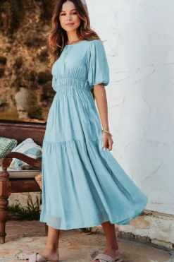 Clearance Dear-Lover Puff Sleeve Pleated High Waist Flowy Midi Dress Light Blue