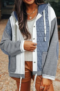 Hot Dear-Lover Quilted Textured Patchwork Loose Fit Hooded Jacket Light Blue