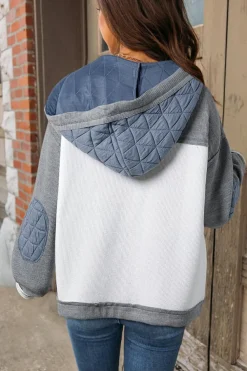 Hot Dear-Lover Quilted Textured Patchwork Loose Fit Hooded Jacket Light Blue