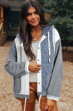 Hot Dear-Lover Quilted Textured Patchwork Loose Fit Hooded Jacket Light Blue