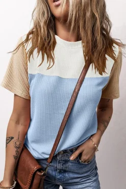 Sale Dear-Lover Rib Textured Colorblock T Shirt Light Blue