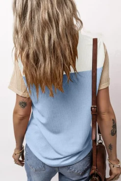 Sale Dear-Lover Rib Textured Colorblock T Shirt Light Blue