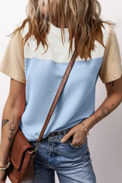 Sale Dear-Lover Rib Textured Colorblock T Shirt Light Blue