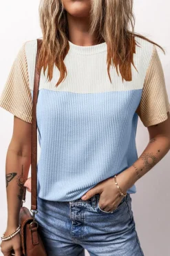 Sale Dear-Lover Rib Textured Colorblock T Shirt Light Blue