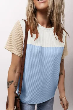 Sale Dear-Lover Rib Textured Colorblock T Shirt Light Blue
