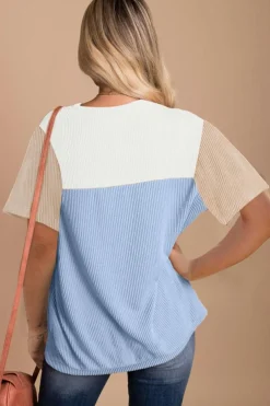 Sale Dear-Lover Rib Textured Colorblock T Shirt Light Blue