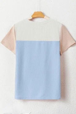 Sale Dear-Lover Rib Textured Colorblock T Shirt Light Blue