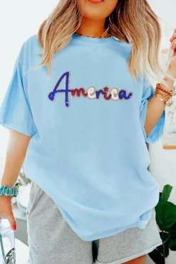 Clearance Dear-Lover Sequin America Graphic Crewneck Patriotic T Shirt Light Blue