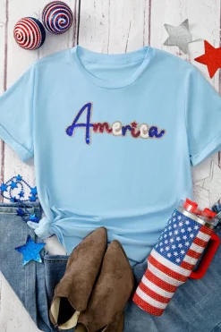 Clearance Dear-Lover Sequin America Graphic Crewneck Patriotic T Shirt Light Blue