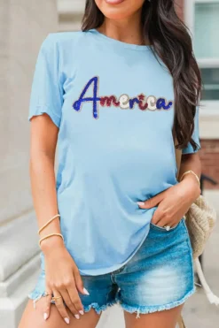 Clearance Dear-Lover Sequin America Graphic Crewneck Patriotic T Shirt Light Blue