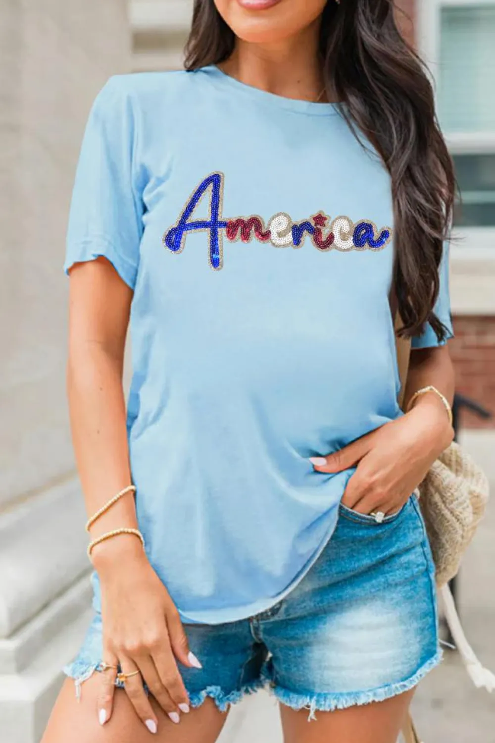 Clearance Dear-Lover Sequin America Graphic Crewneck Patriotic T Shirt Light Blue