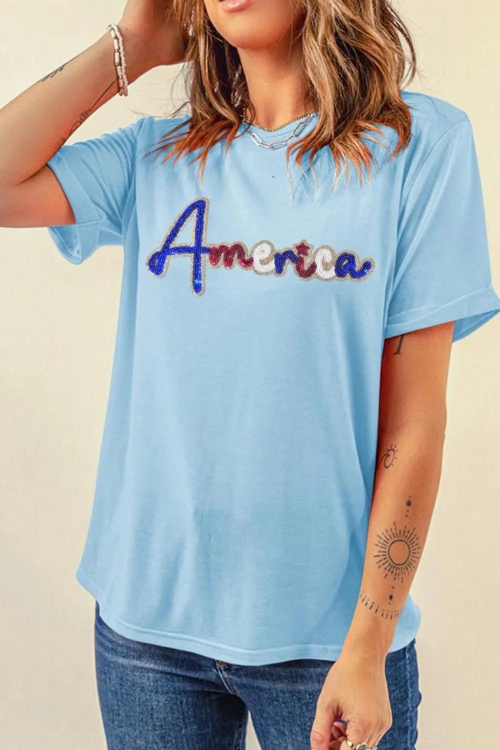 Clearance Dear-Lover Sequin America Graphic Crewneck Patriotic T Shirt Light Blue