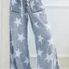 Best Dear-Lover Star Print Light Wash Drawstring High Waist Wide Leg Jeans Light Blue