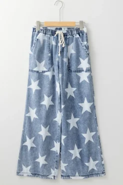 Best Dear-Lover Star Print Light Wash Drawstring High Waist Wide Leg Jeans Light Blue