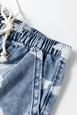Best Dear-Lover Star Print Light Wash Drawstring High Waist Wide Leg Jeans Light Blue