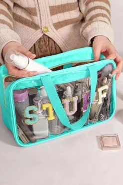 Hot Dear-Lover STUFF Glitter Chenille Patched Transparent Makeup Bag Light Blue