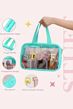 Hot Dear-Lover STUFF Glitter Chenille Patched Transparent Makeup Bag Light Blue