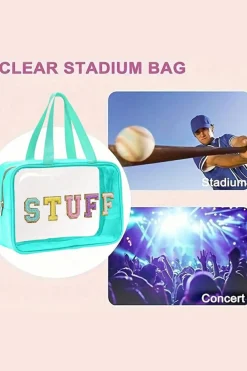 Hot Dear-Lover STUFF Glitter Chenille Patched Transparent Makeup Bag Light Blue